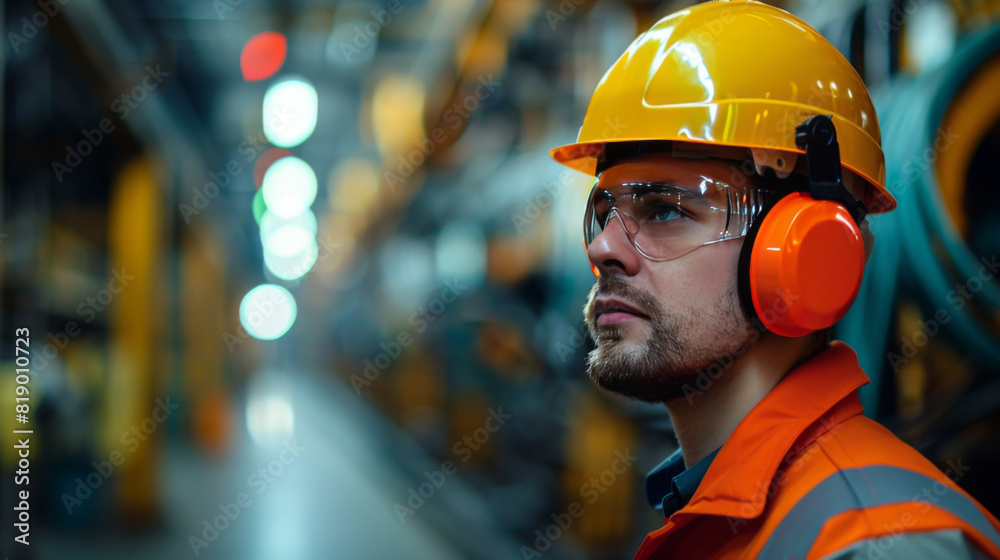 Focused male industrial worker with safety gear in a busy factory setting, overseeing production processes. Focused male industrial worker with safety gear in a busy factory setting, overseeing production processes.