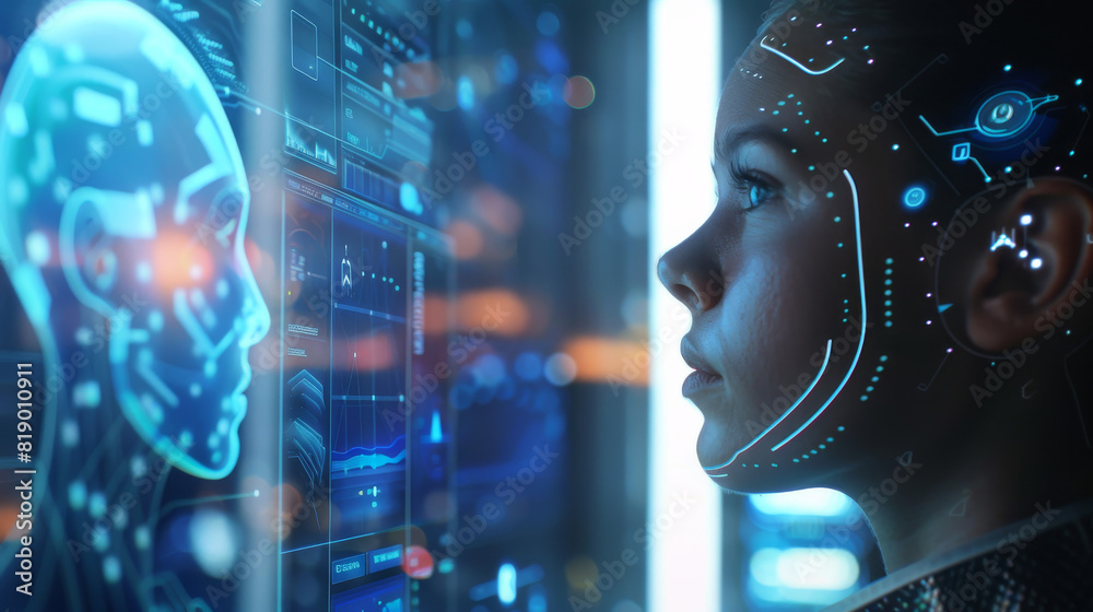 Android woman presenting futuristic data report Android woman presenting futuristic data report