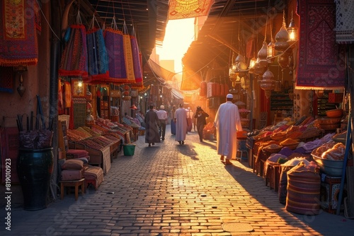 The warm glow of sunset bathes a traditional Moroccan market, where locals engage in commerce amid vibrant stalls and goods. Resplendent. © Summit Art Creations