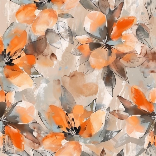 Watercolor Floral Pattern with Light Orange and Gray Flowers on Beige Background, Featuring Loose and Delicate Brush Strokes, Large Petals, Blooming Colors, Soft Lighting, and Seamless Texture