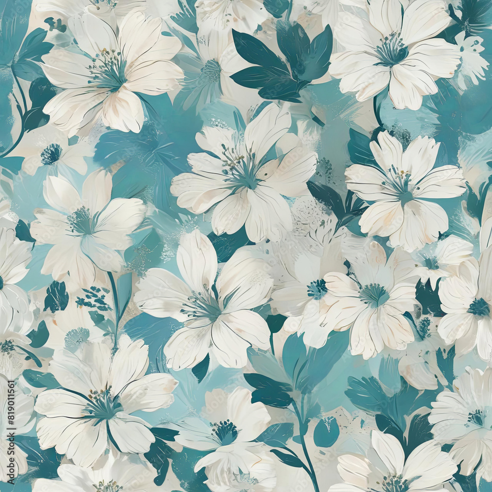Retro Matisse-Inspired White and Turquoise Floral Print Gen AI