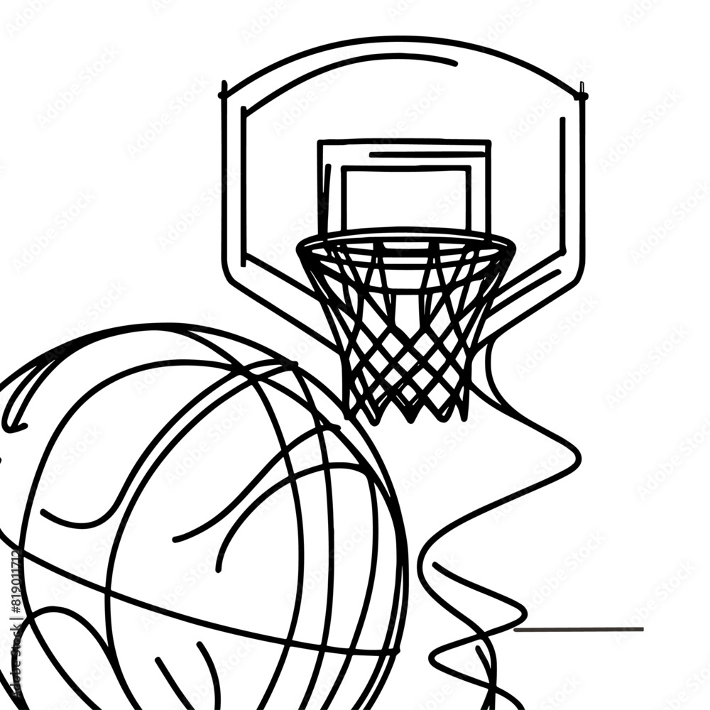 basketball ball and basket is drawn in one line art, vector illustration, isolated, logo basketball ball and basket is drawn in one line art, vector illustration, isolated, logo