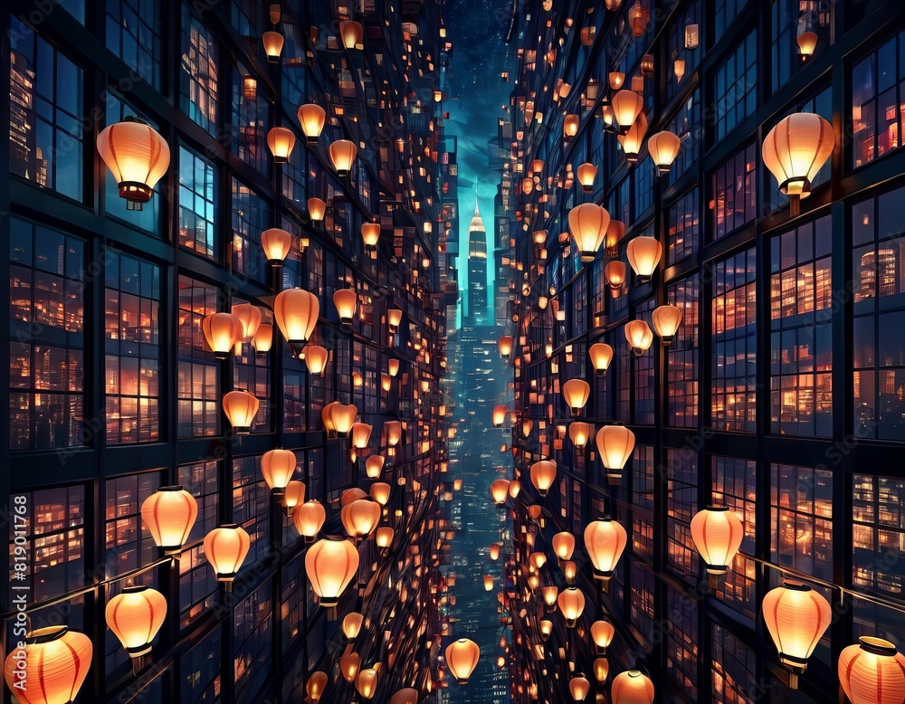 Thousands of skyward lanterns create a dreamy path toward a towering cityscape, evoking a magical urban evening.. AI Generation