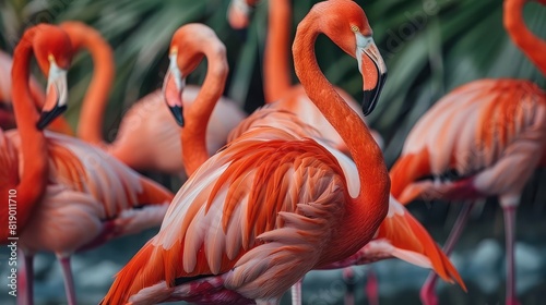 Portrait of the natural beauty of the flamingo bird at the zoo. flock of pink flamingo birds in nature habitat