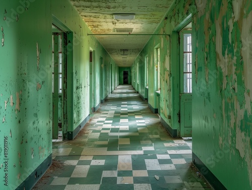 A long corridor in an old hospital building with shabby green walls