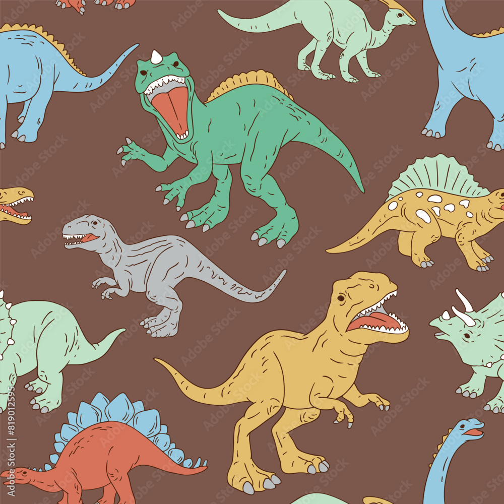 Hand drawn seamless vector pattern with dinosaurs. Perfect for fabric, wallpaper, wrapping paper or nursery decor. Hand drawn seamless vector pattern with dinosaurs. Perfect for fabric, wallpaper, wrapping paper or nursery decor.