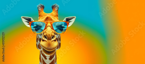 Giraffe head with glasses close-up on a blue background