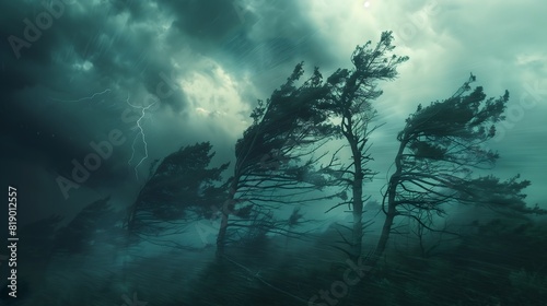 A stormy sky with trees bending in the strong wind