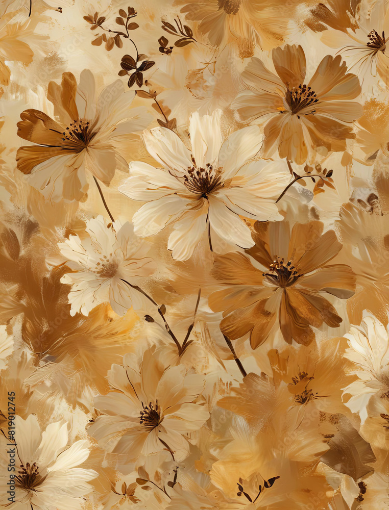 Matisse Style Beige and Brown Abstract Flowers on Gold Background Gen AI