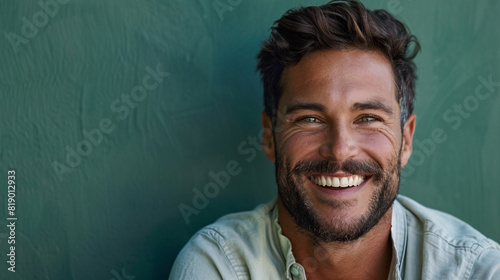 A man laughing heartily with his head tilted back against a green background photo