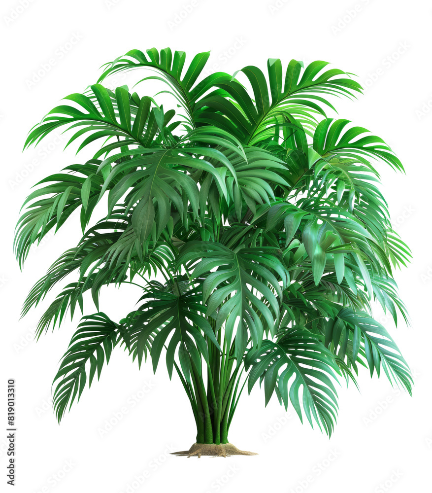 A healthy Monstera plant showcasing its large, vibrant green leaves. It is surrounded by smaller fern plants, set against a white background A healthy Monstera plant showcasing its large, vibrant green leaves. It is surrounded by smaller fern plants, set against a white background