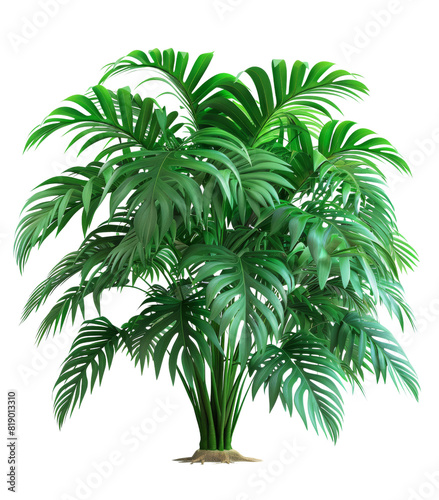 A healthy Monstera plant showcasing its large  vibrant green leaves. It is surrounded by smaller fern plants  set against a white background