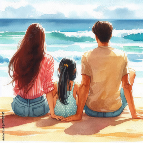 Seated on sandy seashore, a young family enjoys the tranquil beach view from behind. Mother, father, and child are immersed in the serene ocean landscape. Family vacation, evoking feelings of leisure,