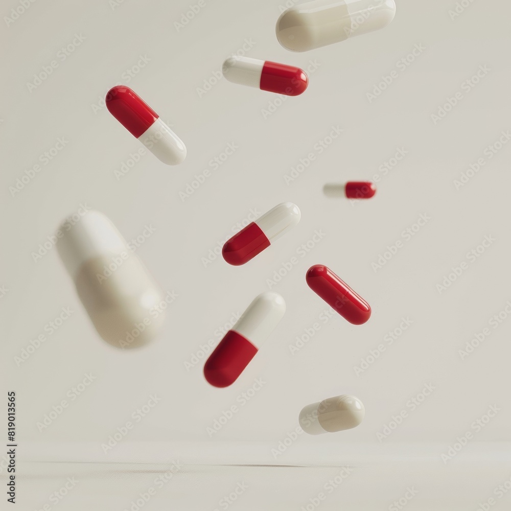 Cinematic pills falling through the air, captured in motion Cinematic pills falling through the air, captured in motion