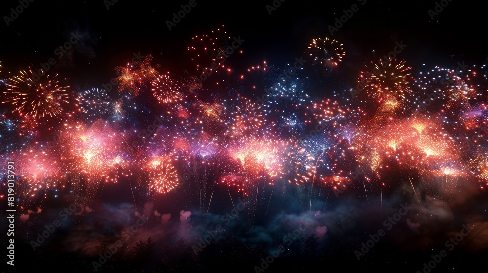 A photorealistic image of a vibrant fireworks display illuminating the night sky with a dazzling array of colors and shapes, perfect for Independence Day celebrations and summer events.
