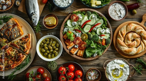 Selection of traditional greek food - salad, meze, pie, fish, tzatziki, dolma on wood background,   photo