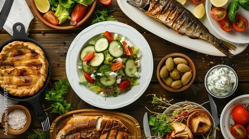 Selection of traditional greek food - salad, meze, pie, fish, tzatziki, dolma on wood background, 