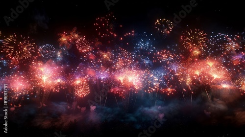 A photorealistic image of a vibrant fireworks display illuminating the night sky with a dazzling array of colors and shapes, perfect for Independence Day celebrations and summer events. © tanongsak