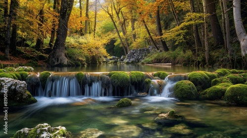 A tranquil forest stream  with crystal-clear waters cascading over moss-covered rocks  framed by towering trees adorned with vibrant foliage in shades of green and gold. 