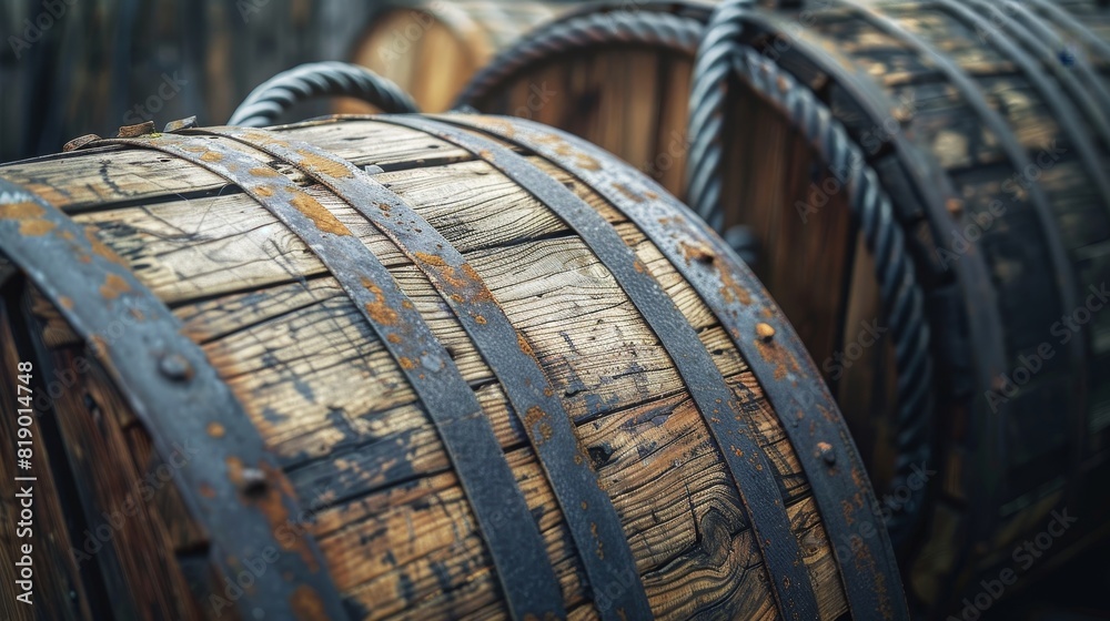Detailed close-up of electric cable winding around a wooden spool, showcasing texture and material intricacies, industrial warehouse backdrop Detailed close-up of electric cable winding around a wooden spool, showcasing texture and material intricacies, industrial warehouse backdrop