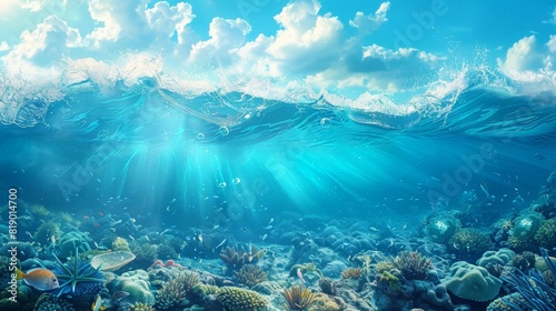 Background with blue ocean waves and marine life for World Oceans Day  with copy space