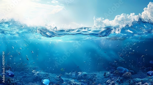 Background with blue ocean waves and marine life for World Oceans Day  with copy space