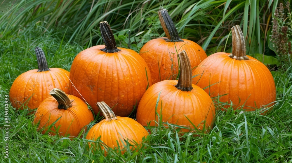 Crisp image of several orange pumpkins surrounded by green grass, highlighting the natural autumn scene Crisp image of several orange pumpkins surrounded by green grass, highlighting the natural autumn scene
