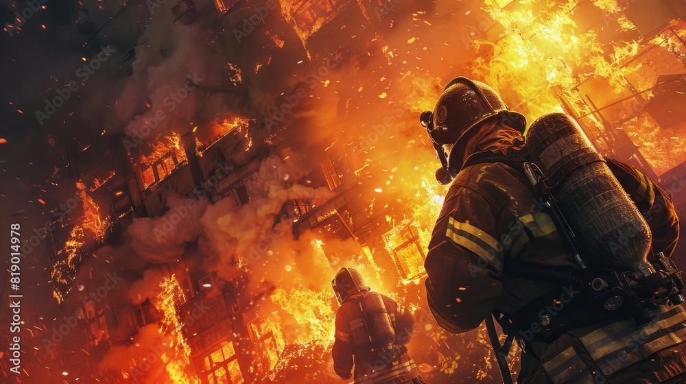 Courageous firefighters fighting a towering blaze, close-up on their focused faces amidst the chaos Courageous firefighters fighting a towering blaze, close-up on their focused faces amidst the chaos
