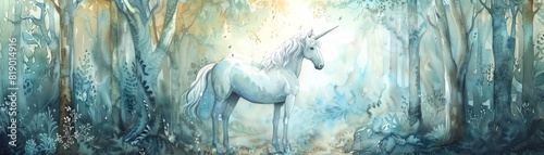 Mystical unicorn standing in an enchanted forest  detailed in watercolor