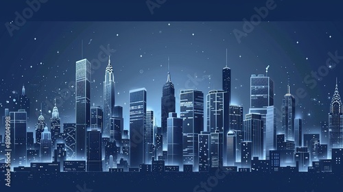 Stylized silver art deco illustration of the city on dark blue background - 
