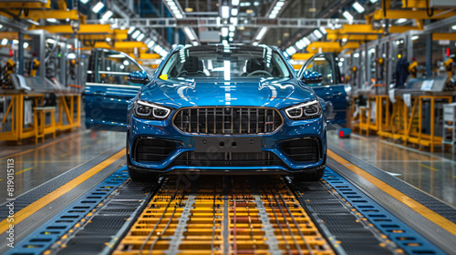 A blue electric car being assembled in a state-of-the-art automotive factory with a worker in the background manufactory production line robots photo