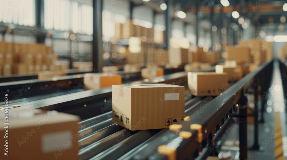 Close-up view of multiple cardboard boxes on a conveyor belt in a warehouse fulfillment center, showcasing the automation and efficiency of modern logistics Close-up view of multiple cardboard boxes on a conveyor belt in a warehouse fulfillment center, showcasing the automation and efficiency of modern logistics
