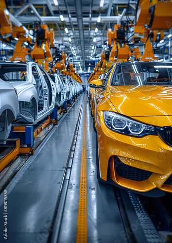 A yellow electric car being assembled in a state-of-the-art automotive factory with a worker in the background manufactory production line robots