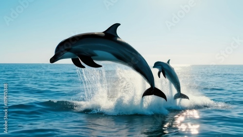 Dolphins jumping out of the water on a sunny day.