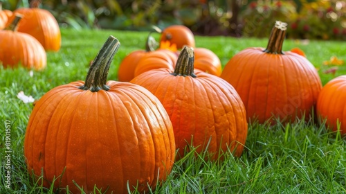 Close-up shot of bright orange pumpkins scattered on green grass  emphasizing their smooth surfaces