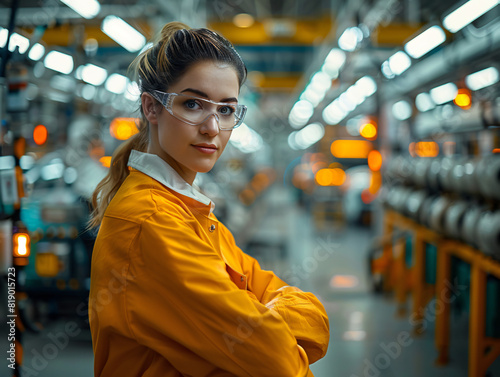 A female engineer, technician construction worker, in a state-of-the-art automotive factory, manufactory production line robots photo