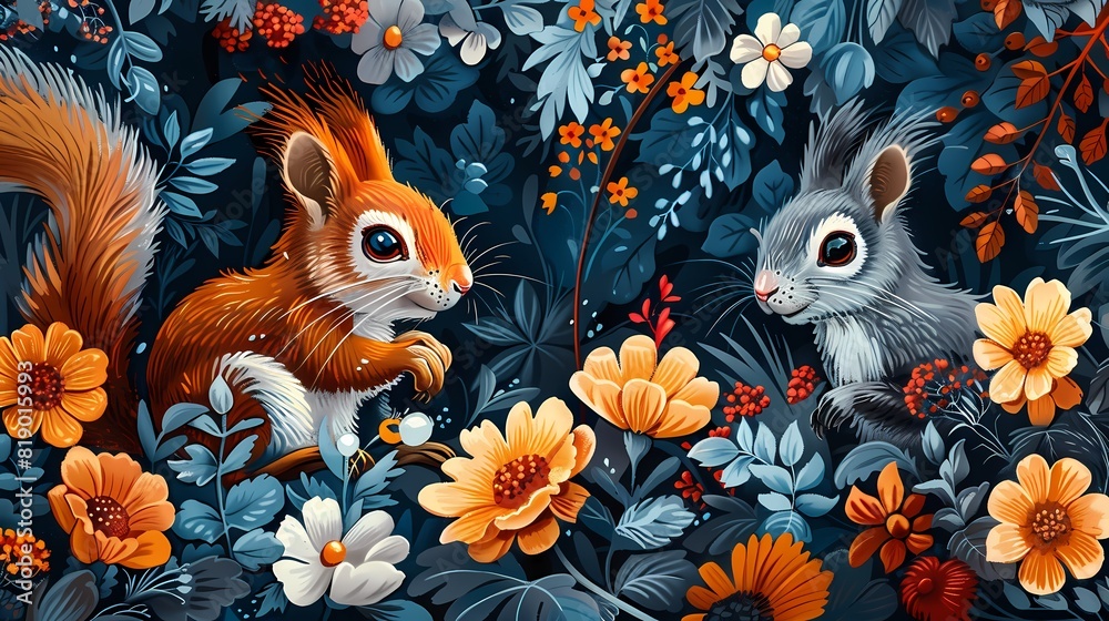 Fototapeta premium Sprinkle of Nature: The Tale of a Squirrel in Bloom