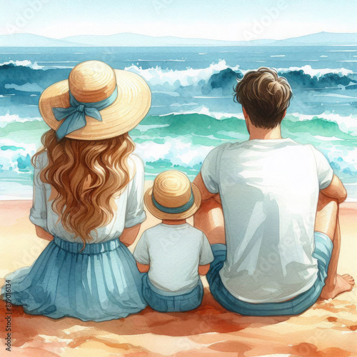 young family sits on the seashore, beach, rear view. Mother, father, child. Ocean landscape. Family vacation, tourism, cruise, watercolor illustration.