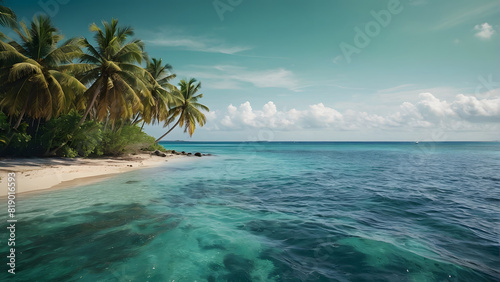 A tropical paradise beach palm tree with distance view of landscape