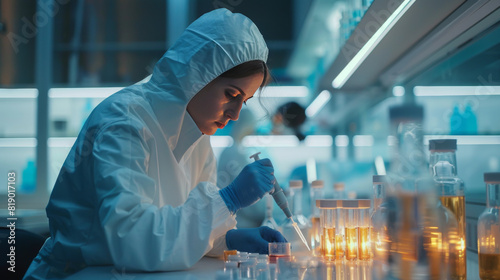 A female scientist in a lab coat conducting precise experiments in a modern laboratory environment.