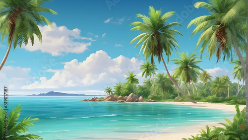 A tropical paradise beach palm tree with distance view of landscape
