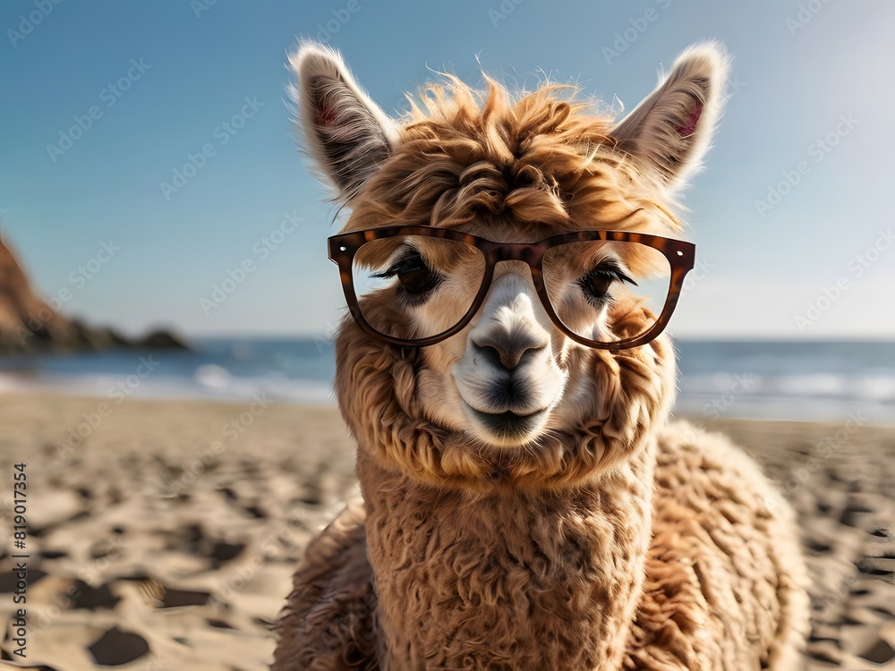 Obraz premium Alpaca enjoying summer vibes with sunglasses on the beach