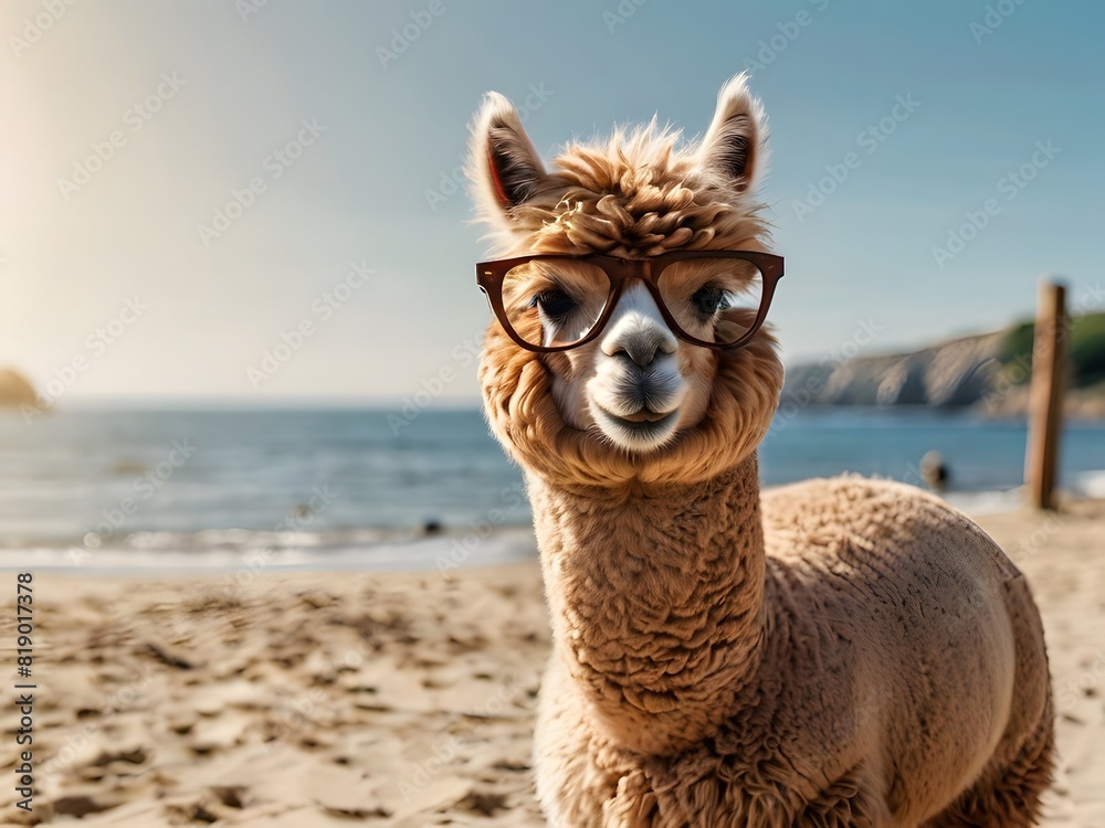 Obraz premium Beach-loving alpaca in sunglasses enjoying the summer sun