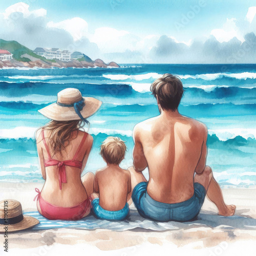 Family sits on seashore, beach, rear view. Mother, father, child, baby. Ocean landscape. Family vacation, tourism, cruise, watercolor illustration.