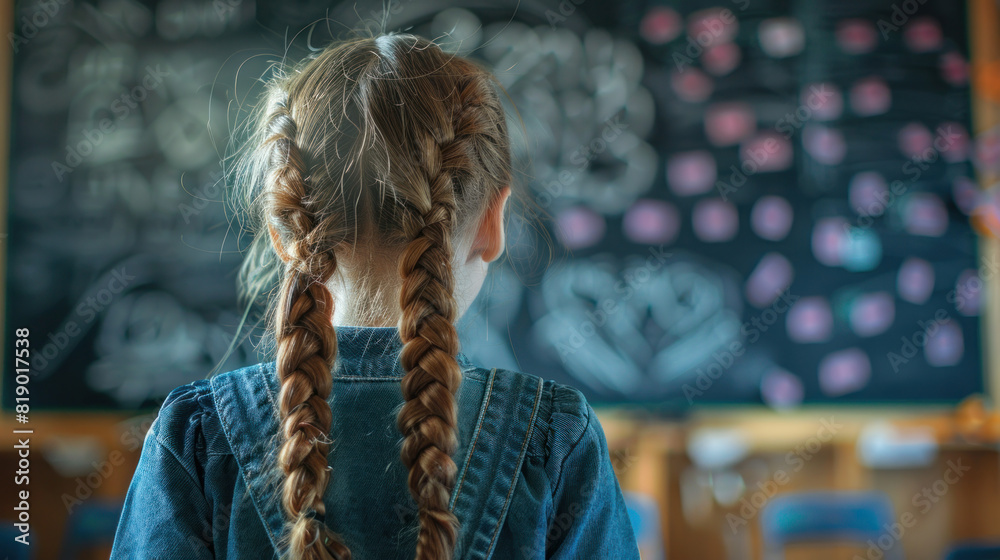 A girl with long hair is sitting in a classroom. She is looking at a chalkboard with a lot of drawings on it A girl with long hair is sitting in a classroom. She is looking at a chalkboard with a lot of drawings on it