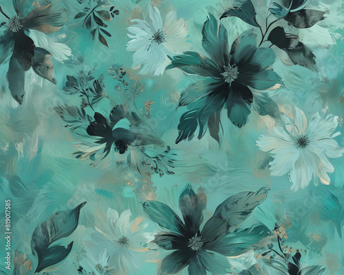 Abstract Mint and Black Floral Texture Art Inspired by Matisse Gen AI photo