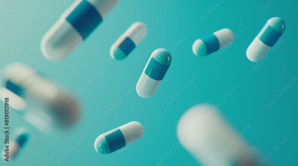 Cinematic pills falling through the air, captured in motion Cinematic pills falling through the air, captured in motion