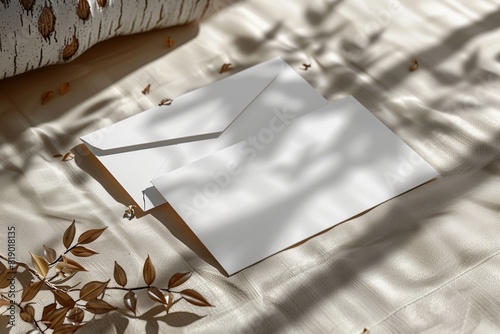 Two rectangular blank cards and white envelope lie flat on ivory background with shadow
