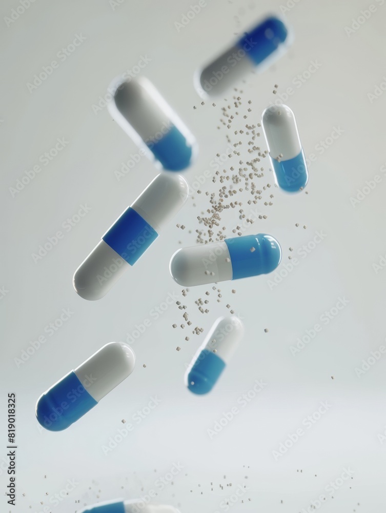 Cinematic pills falling through the air, captured in motion Cinematic pills falling through the air, captured in motion
