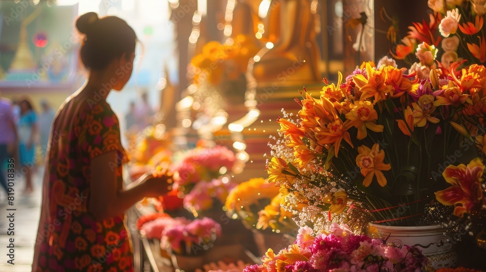 peaceful scene of devotees offering flowers at a temple altar on Visakha Bucha Day peaceful scene of devotees offering flowers at a temple altar on Visakha Bucha Day